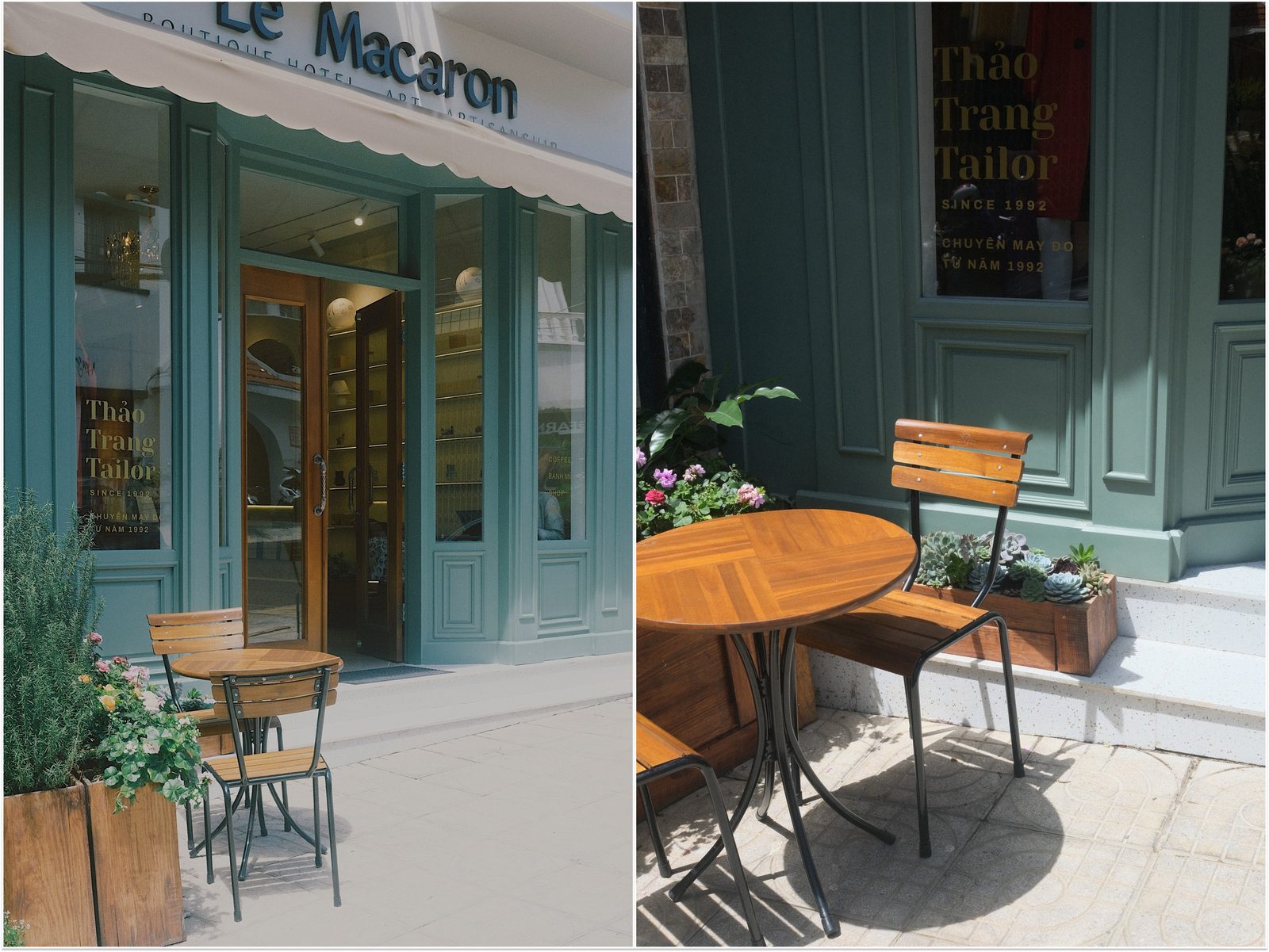 Góc bàn ghế và mặt tiền Le Macaron